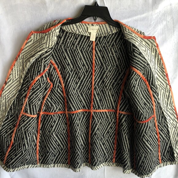 Chico's Embellished Suit Coat, Black & White with Orange Trim, Floral, Size US 8 - Picture 3 of 9